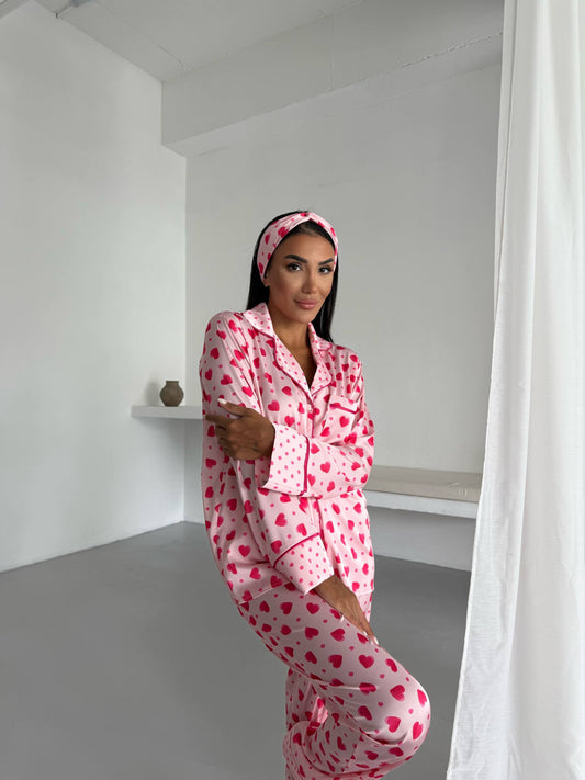 Heart Print Satin Pyjama Set for Women – Luxury Armani Satin Nightwear