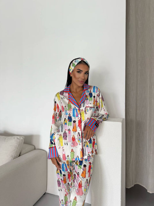 Fashion Illustration Satin Pyjama Set for Women – Luxury Armani Satin Nightwear