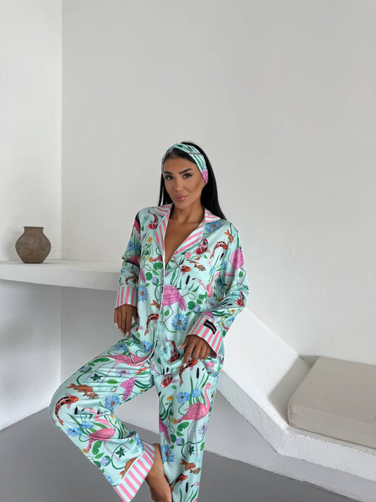 Mint Floral Flamingo Satin Pyjama Set for Women – Luxury Armani Satin Nightwear