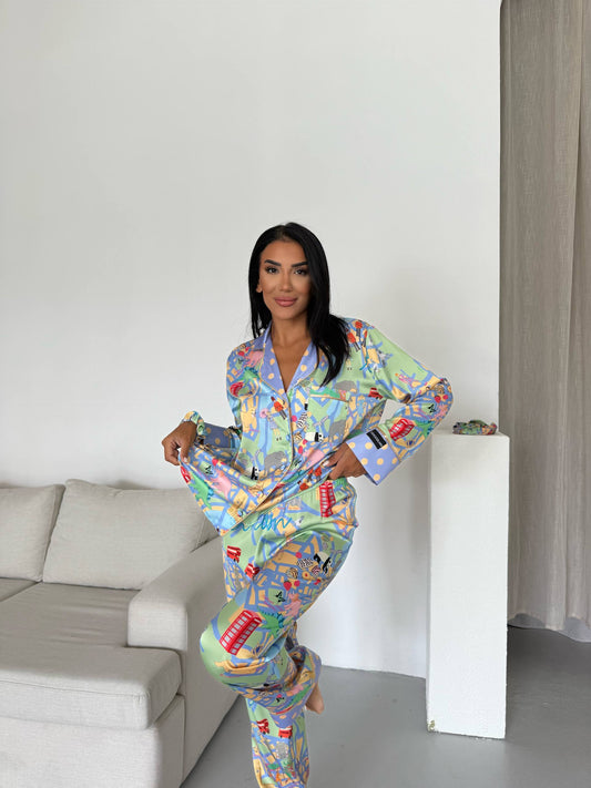 Illustrated City Satin Pyjama Set for Women – Luxury Armani Satin Nightwear