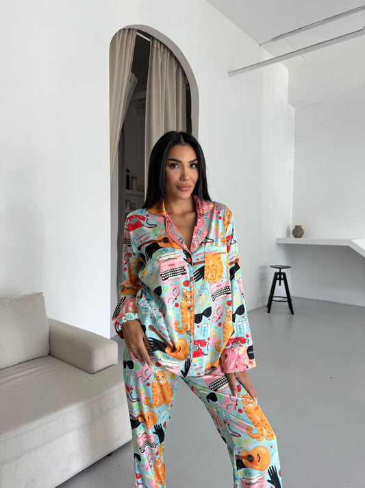 Playful Art Print Satin Pyjama Set for Women – Luxury Armani Satin Nightwear