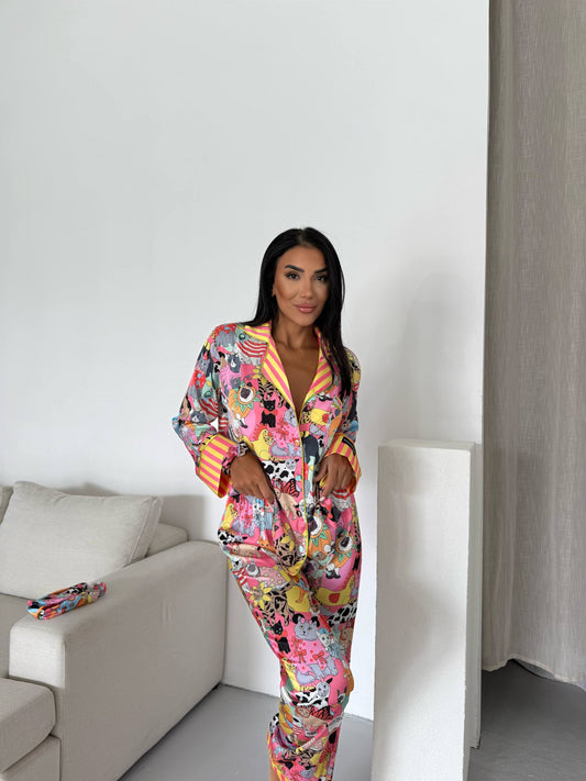 Playful Cat Print Satin Pyjama Set for Women – Luxury Armani Satin Nightwear