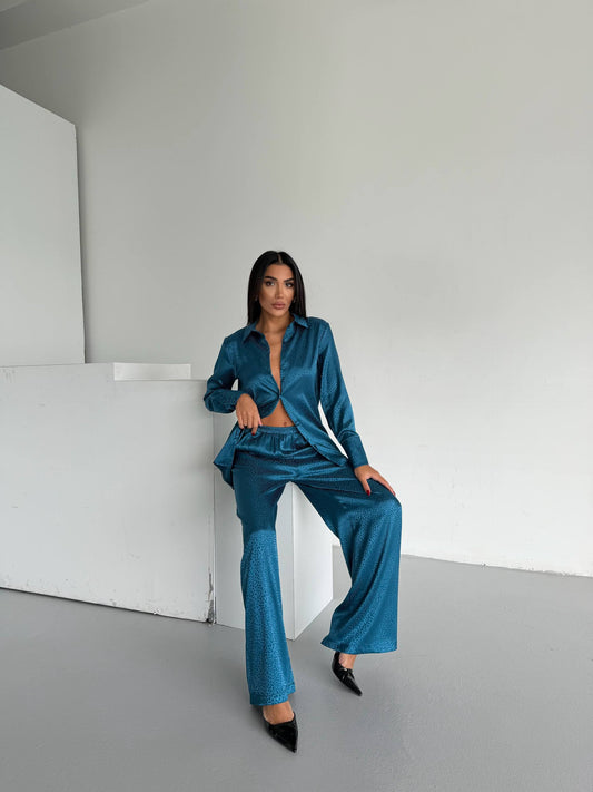 Teal Jacquard Satin Pyjama Set for Women – Textured Luxury Nightwear