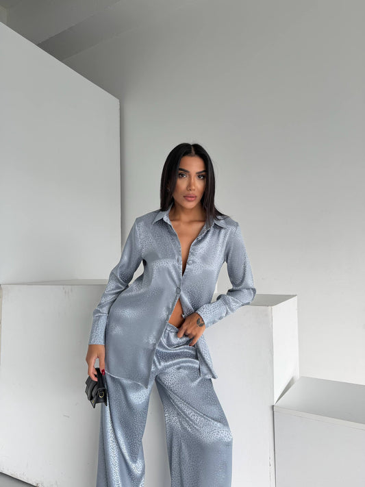 Silver Grey Jacquard Satin Pyjama Set for Women – Textured Luxury Nightwear
