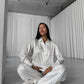White Jacquard Satin Pyjama Set for Women – Textured Luxury Nightwear