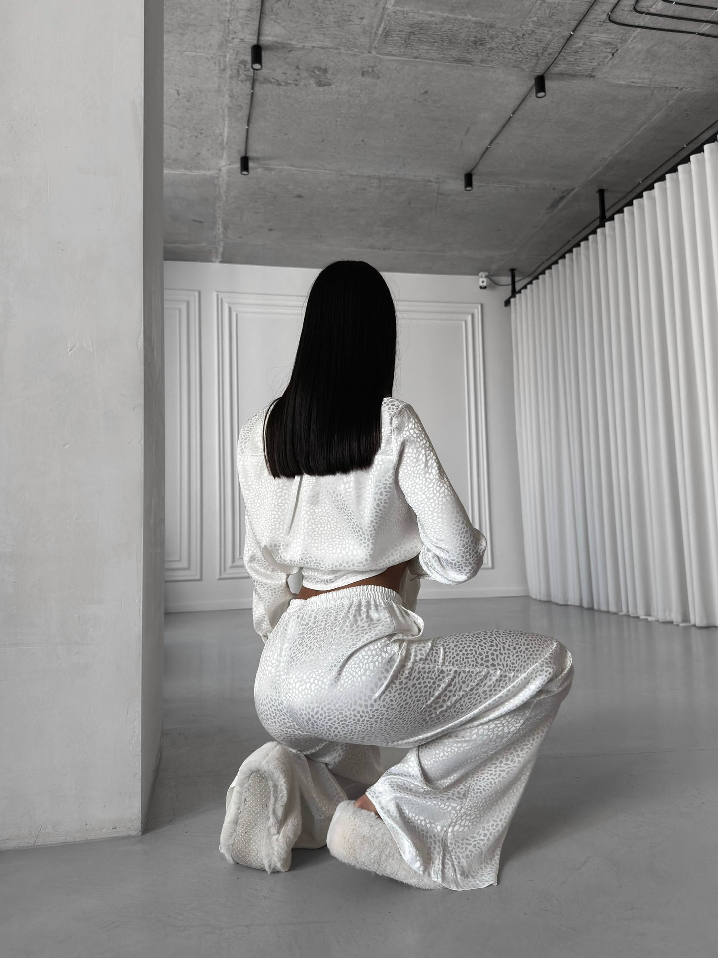 White Jacquard Satin Pyjama Set for Women – Textured Luxury Nightwear