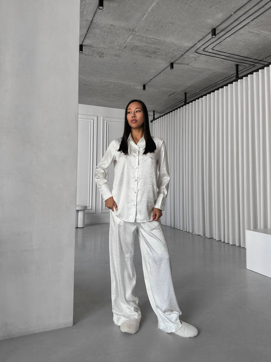 White Jacquard Satin Pyjama Set for Women – Textured Luxury Nightwear