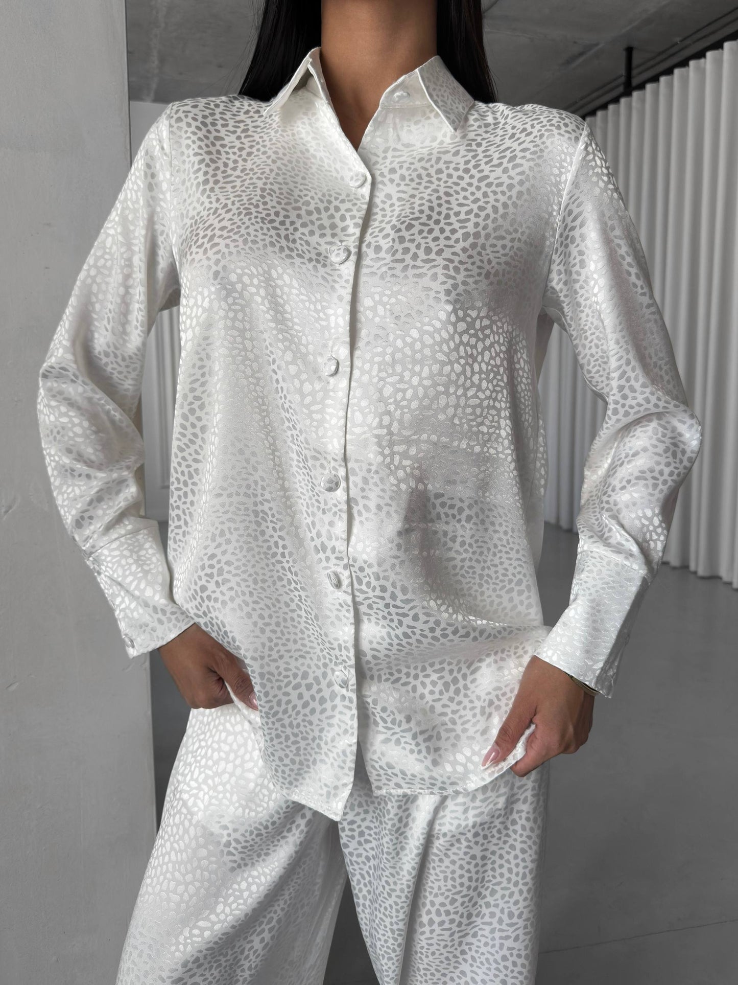 White Jacquard Satin Pyjama Set for Women – Textured Luxury Nightwear