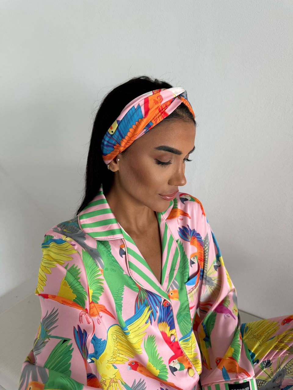 Tropical Parrot Satin Pyjama Set for Women – Luxury Armani Satin Nightwear