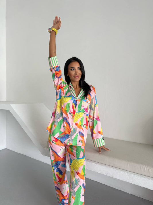Tropical Parrot Satin Pyjama Set for Women – Luxury Armani Satin Nightwear
