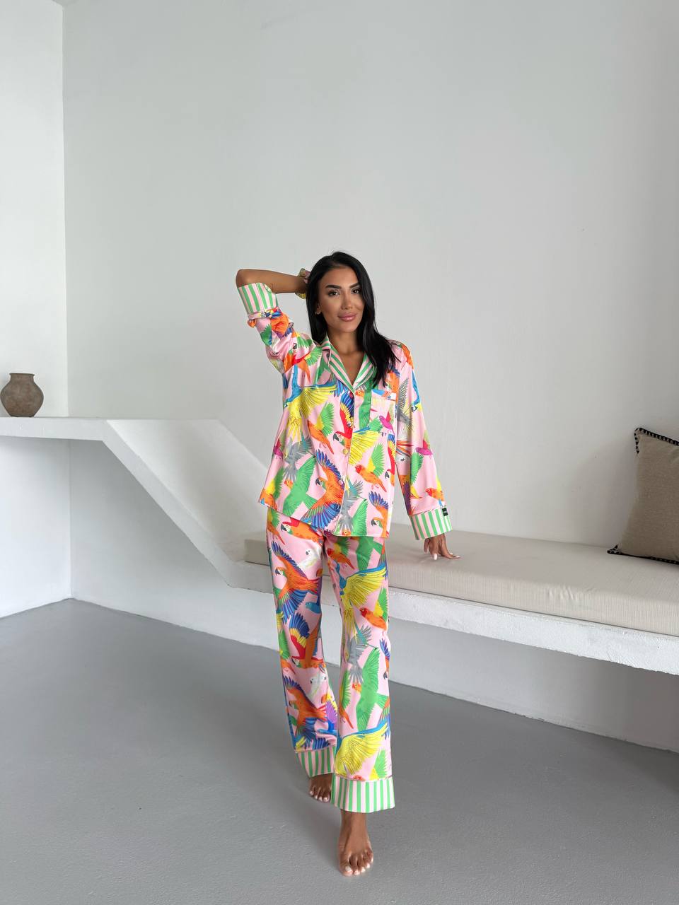 Tropical Parrot Satin Pyjama Set for Women – Luxury Armani Satin Nightwear