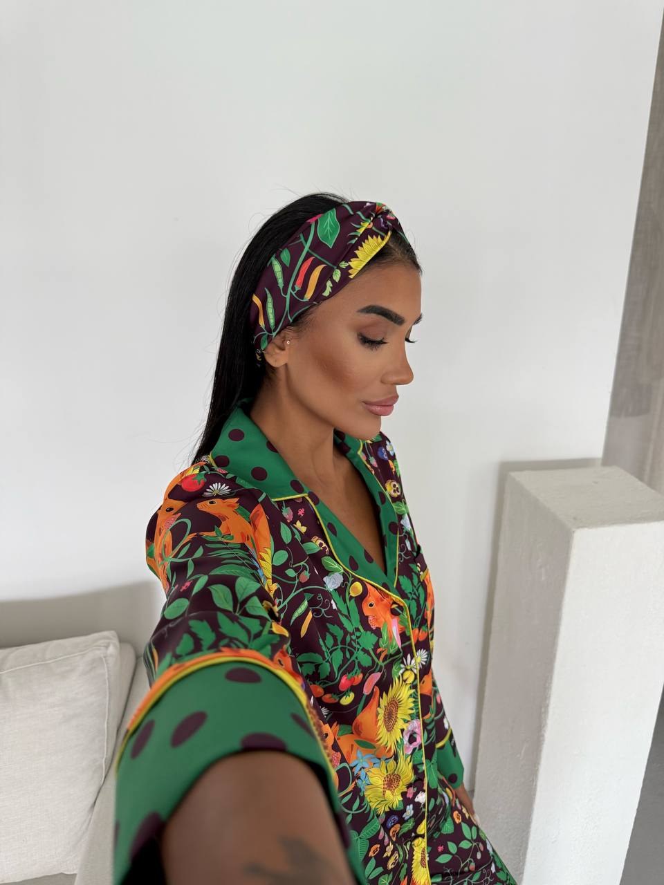 Dark Floral Satin Pyjama Set for Women – Luxury Armani Satin Nightwear