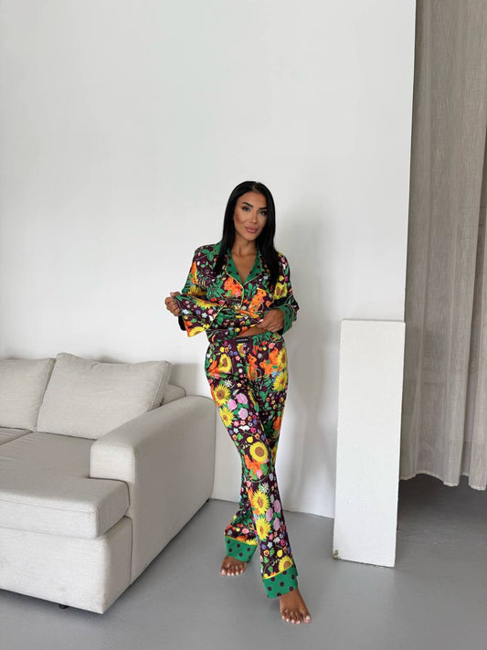 Dark Floral Satin Pyjama Set for Women – Luxury Armani Satin Nightwear