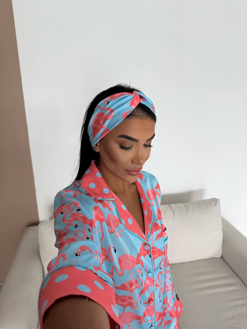 Flamingo Print Satin Pyjama Set for Women – Luxury Armani Satin Nightwear