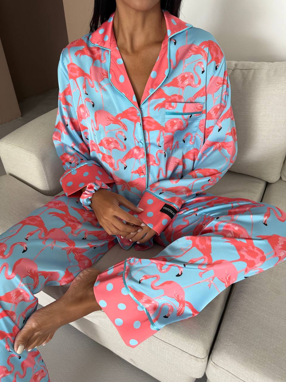 Flamingo Print Satin Pyjama Set for Women – Luxury Armani Satin Nightwear