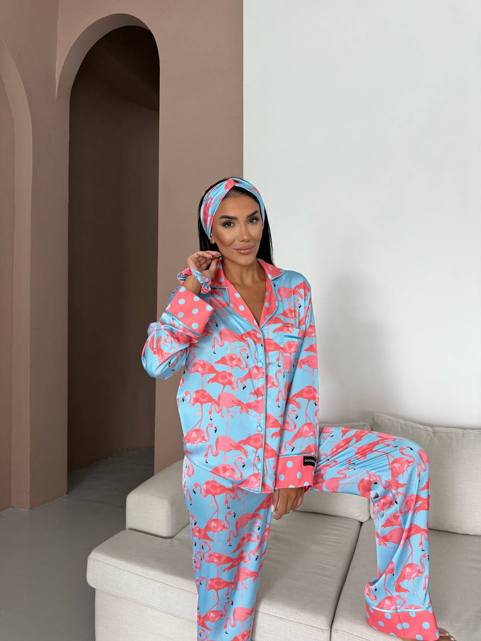 Flamingo Print Satin Pyjama Set for Women – Luxury Armani Satin Nightwear