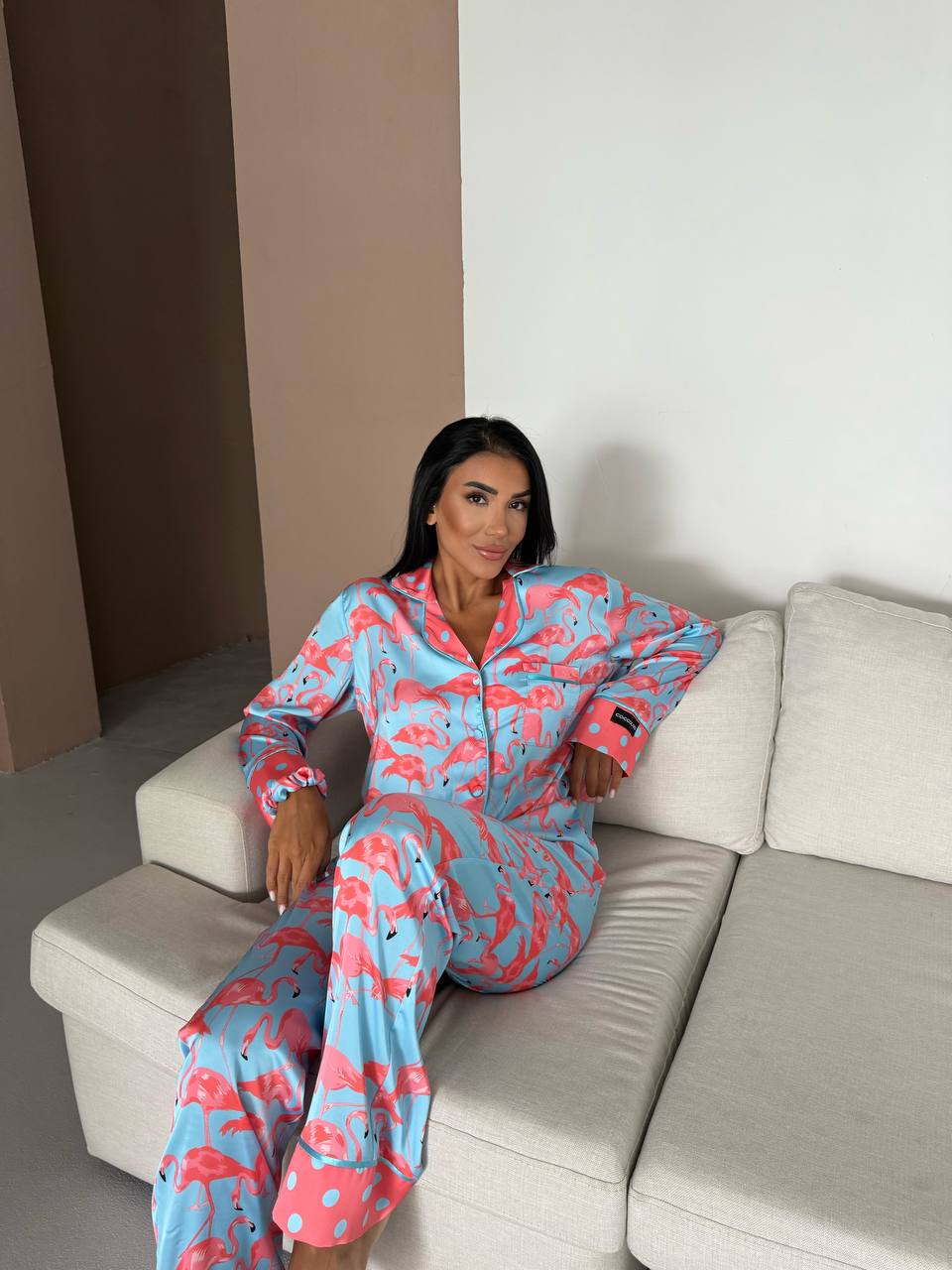 Flamingo Print Satin Pyjama Set for Women – Luxury Armani Satin Nightwear