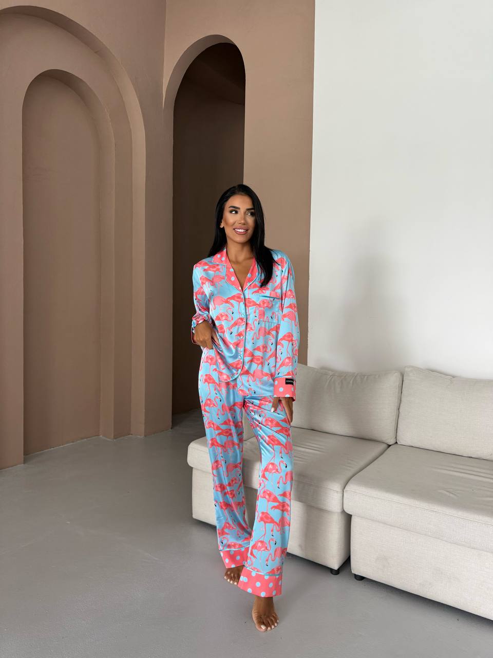 Flamingo Print Satin Pyjama Set for Women – Luxury Armani Satin Nightwear