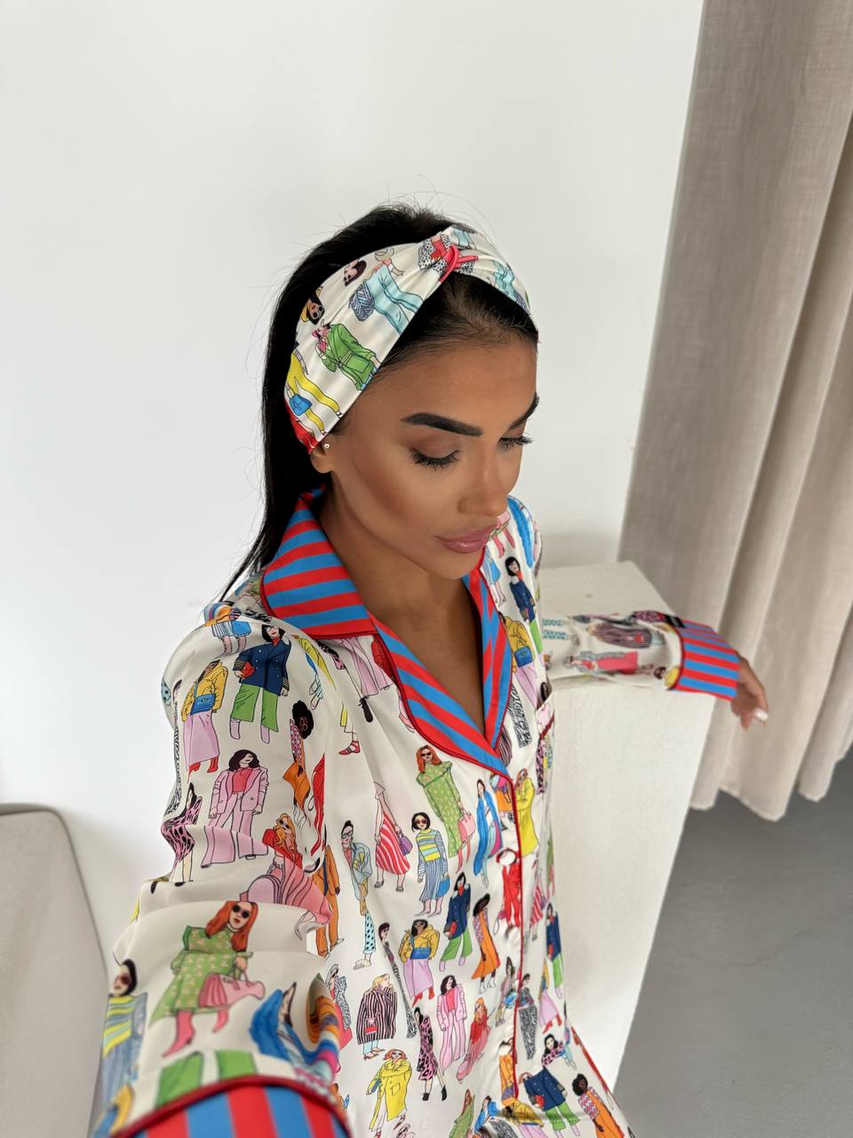 Fashion Illustration Satin Pyjama Set for Women – Luxury Armani Satin Nightwear