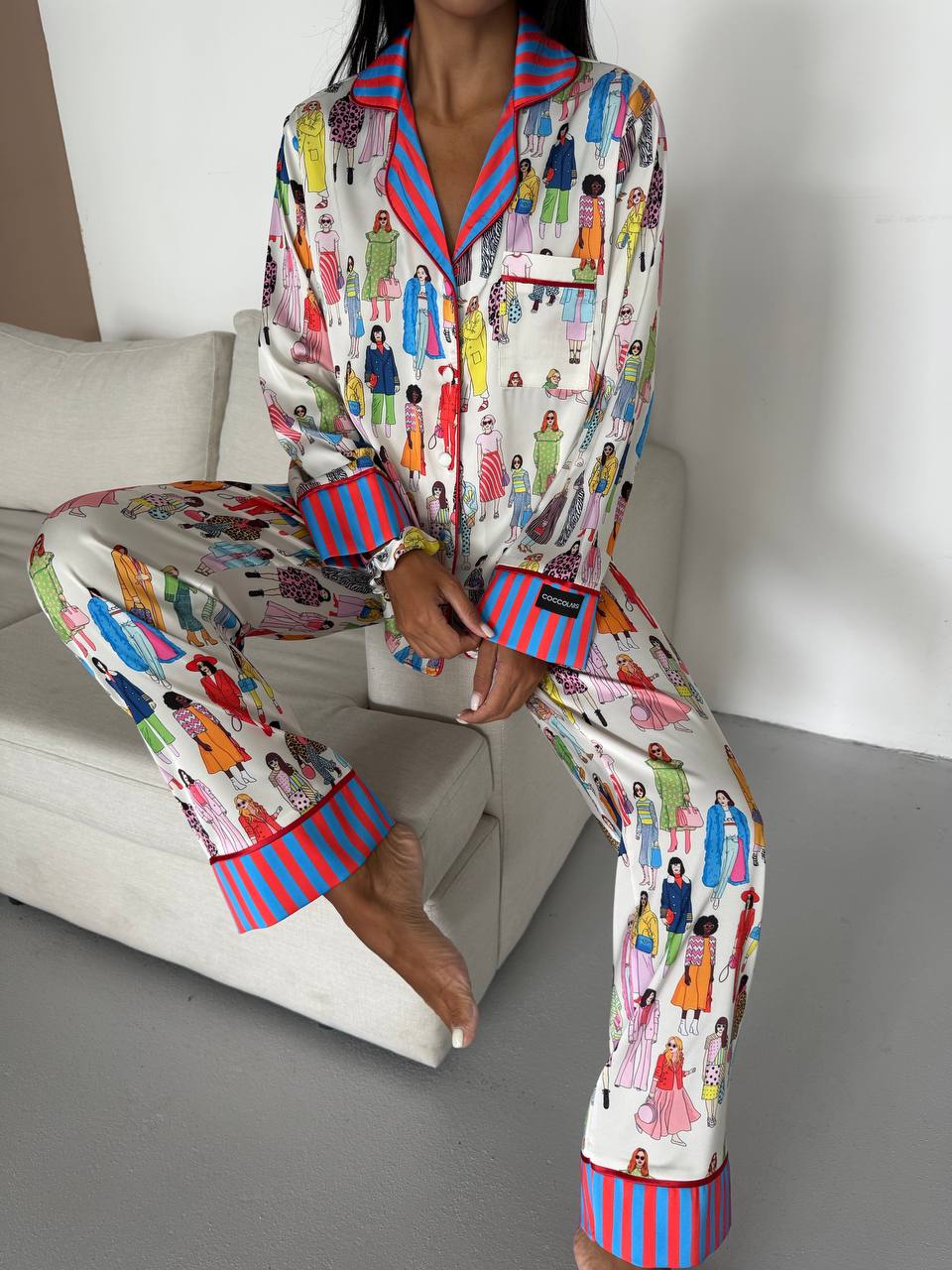 Fashion Illustration Satin Pyjama Set for Women – Luxury Armani Satin Nightwear