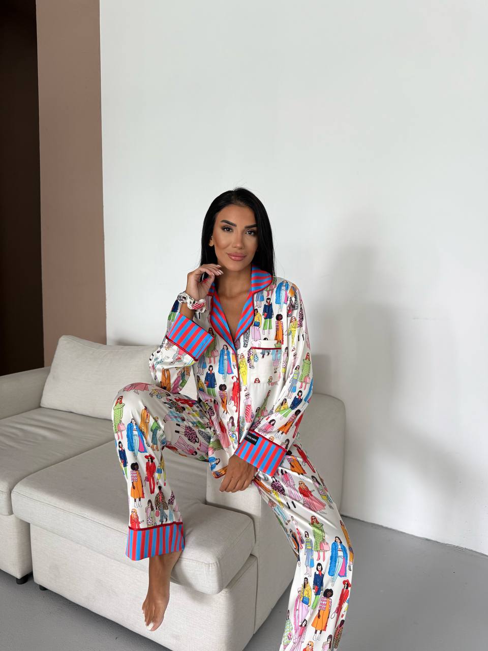 Fashion Illustration Satin Pyjama Set for Women – Luxury Armani Satin Nightwear