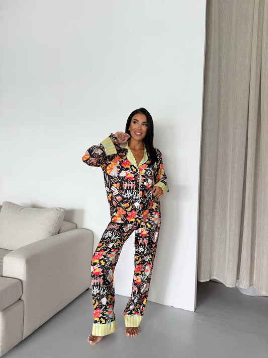 Art Illustration Satin Pyjama Set for Women – Luxury Armani Satin Nightwear