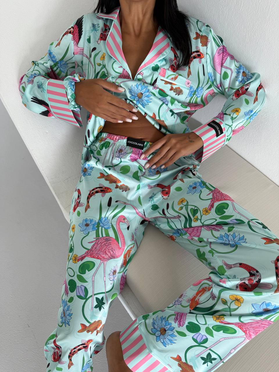 Mint Floral Flamingo Satin Pyjama Set for Women – Luxury Armani Satin Nightwear