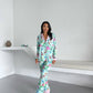 Mint Floral Flamingo Satin Pyjama Set for Women – Luxury Armani Satin Nightwear