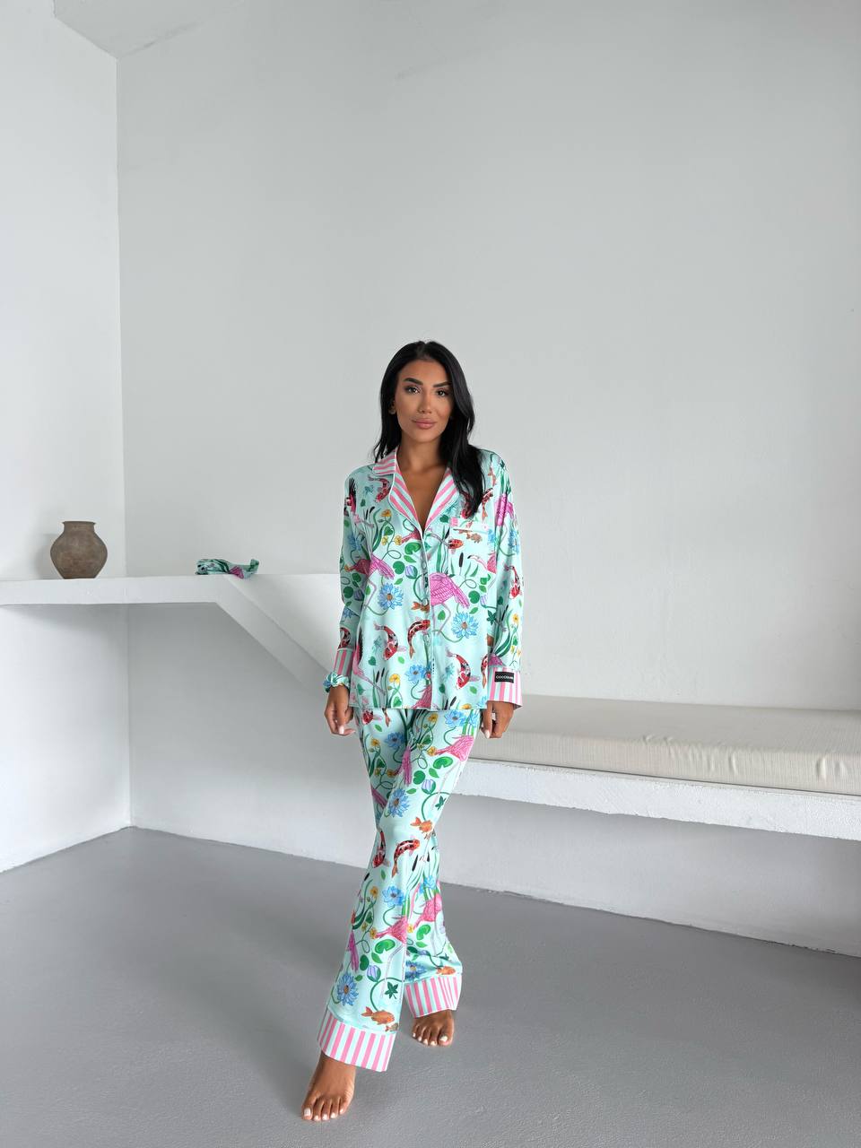 Mint Floral Flamingo Satin Pyjama Set for Women – Luxury Armani Satin Nightwear