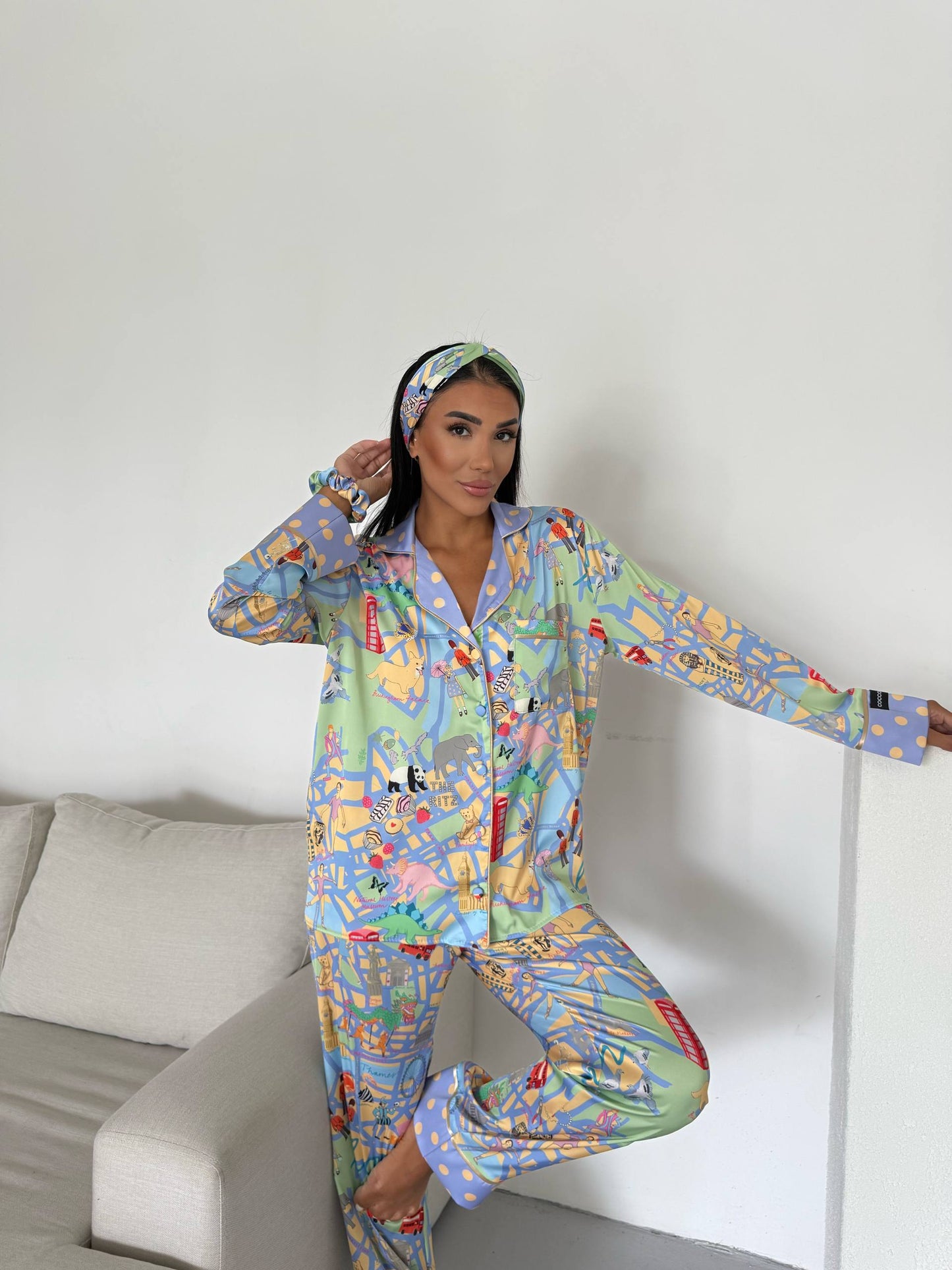 Illustrated City Satin Pyjama Set for Women – Luxury Armani Satin Nightwear