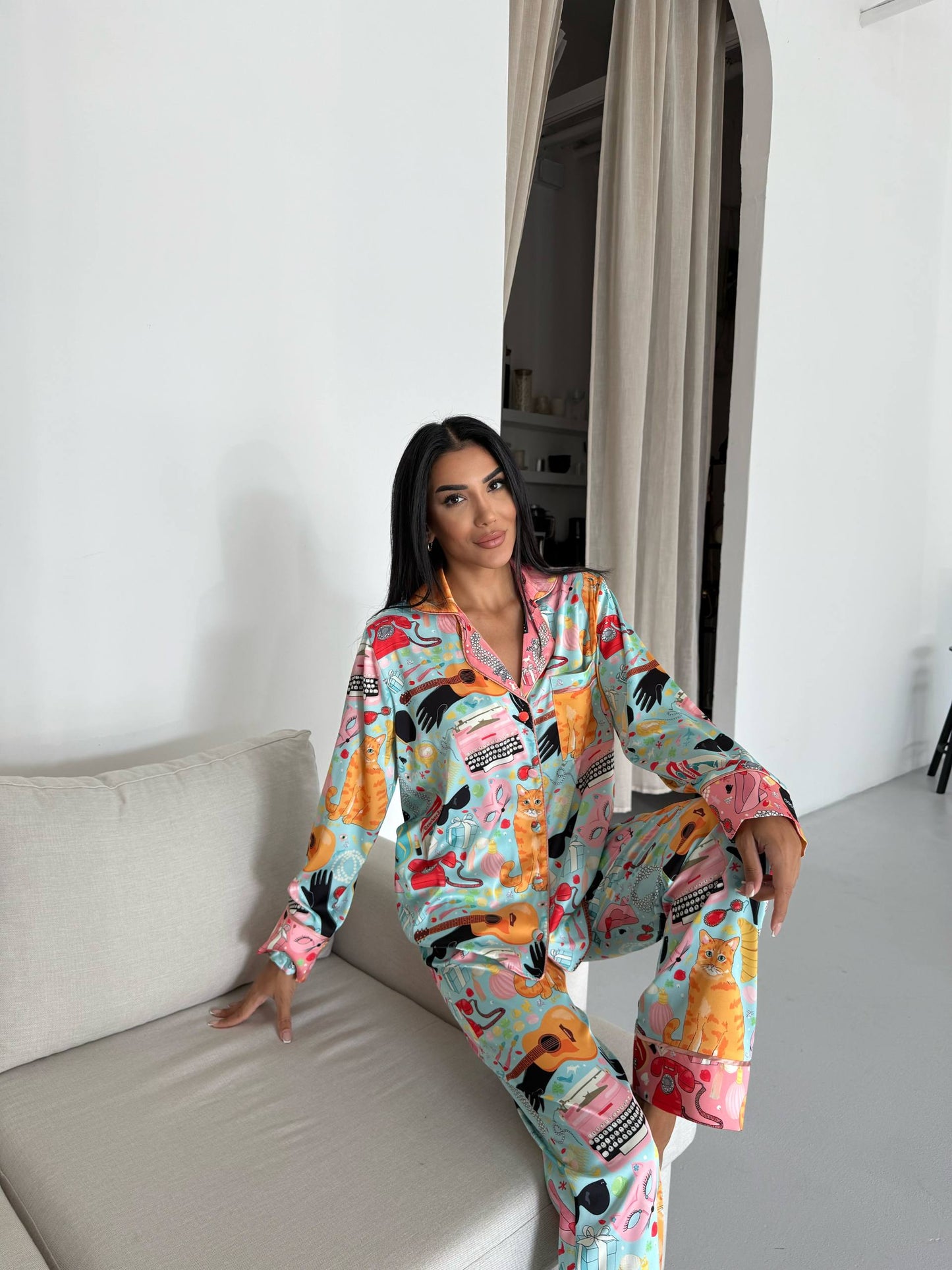 Playful Art Print Satin Pyjama Set for Women – Luxury Armani Satin Nightwear