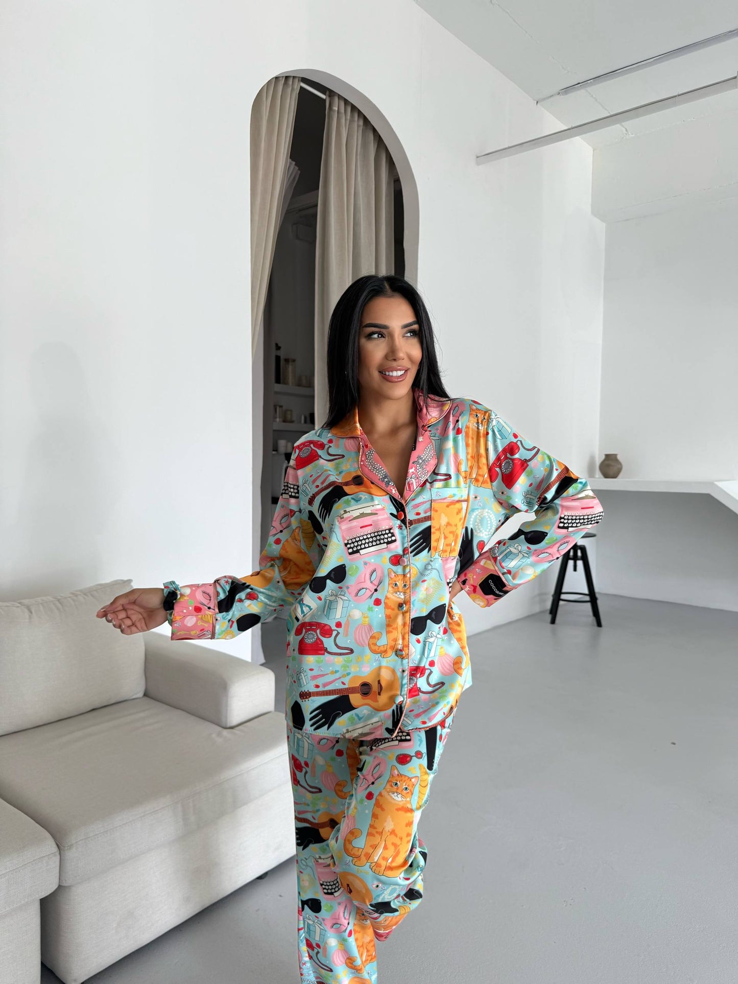 Playful Art Print Satin Pyjama Set for Women – Luxury Armani Satin Nightwear