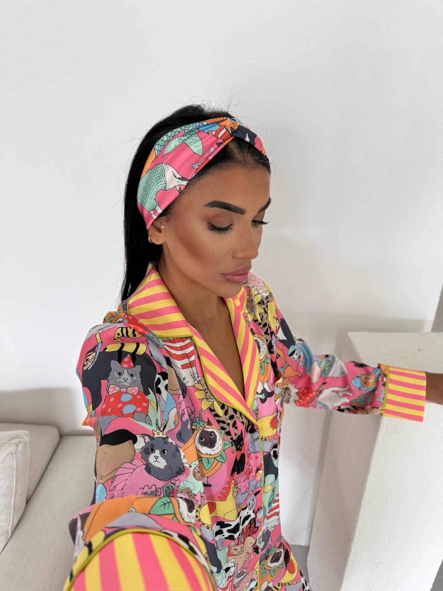 Playful Cat Print Satin Pyjama Set for Women – Luxury Armani Satin Nightwear