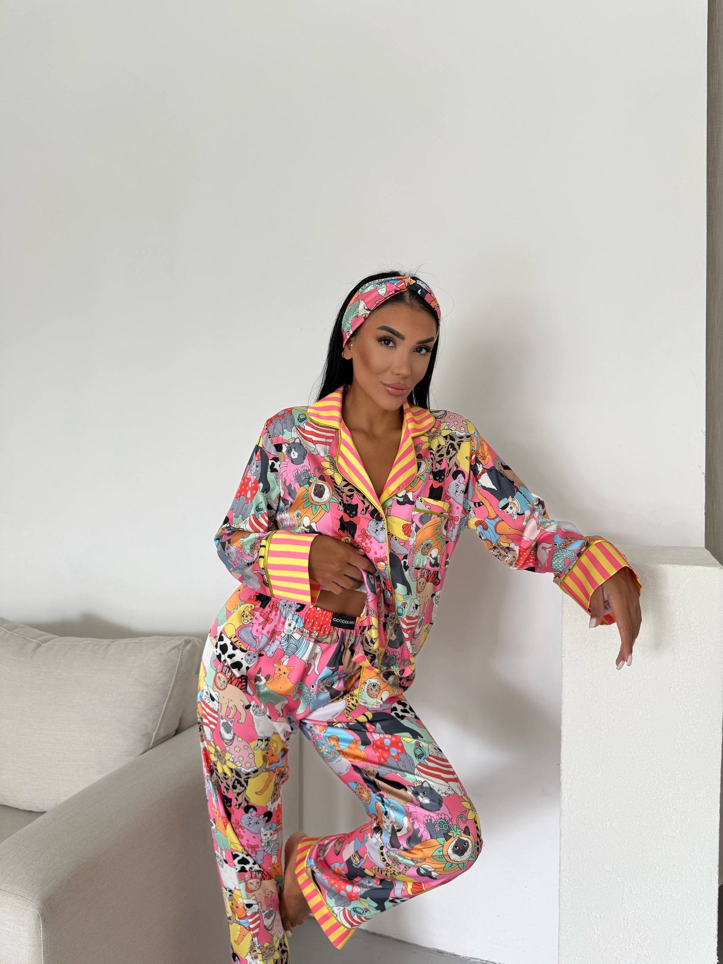 Playful Cat Print Satin Pyjama Set for Women – Luxury Armani Satin Nightwear