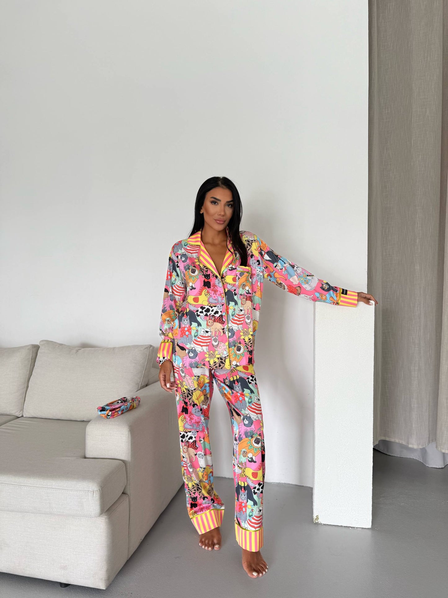 Playful Cat Print Satin Pyjama Set for Women – Luxury Armani Satin Nightwear