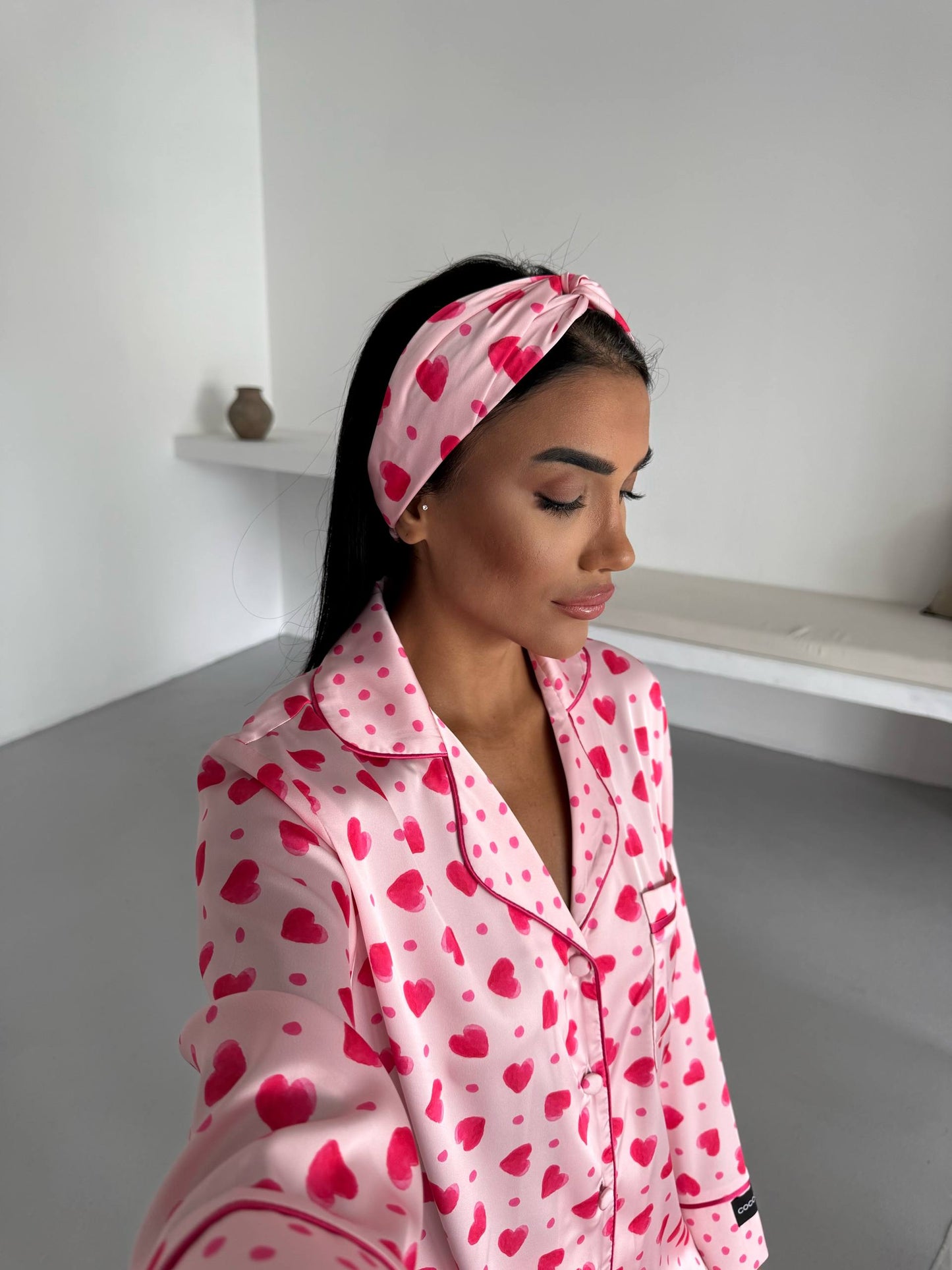 Heart Print Satin Pyjama Set for Women – Luxury Armani Satin Nightwear