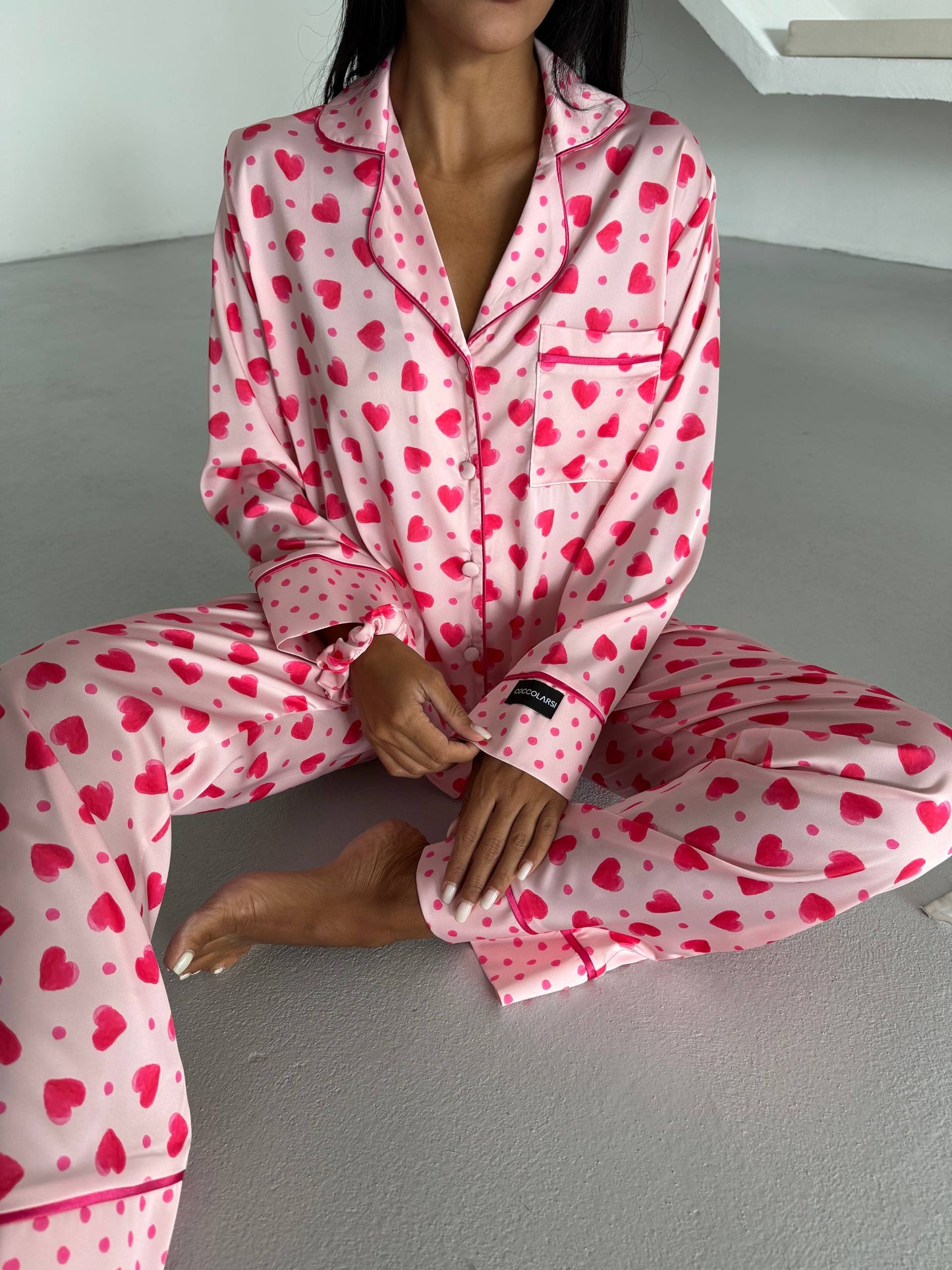 Heart Print Satin Pyjama Set for Women – Luxury Armani Satin Nightwear