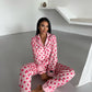 Heart Print Satin Pyjama Set for Women – Luxury Armani Satin Nightwear