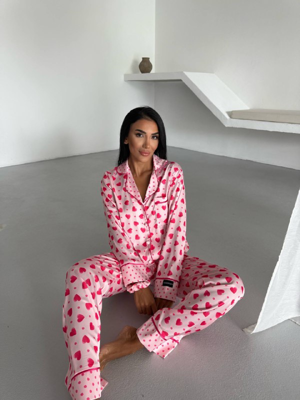 Heart Print Satin Pyjama Set for Women – Luxury Armani Satin Nightwear