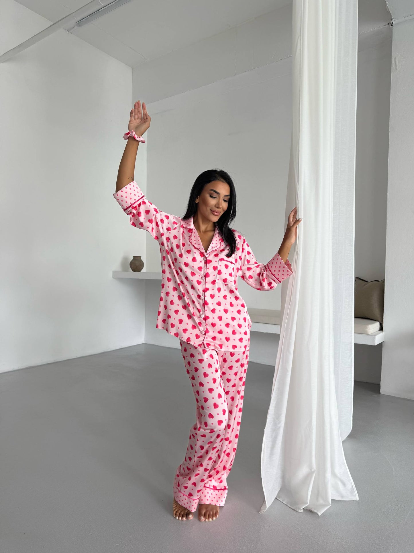 Heart Print Satin Pyjama Set for Women – Luxury Armani Satin Nightwear