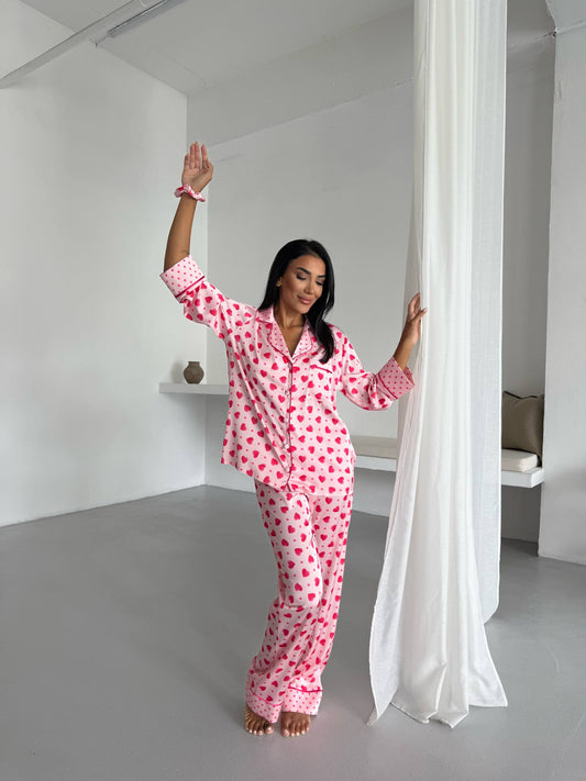 Heart Print Satin Pyjama Set for Women – Luxury Armani Satin Nightwear
