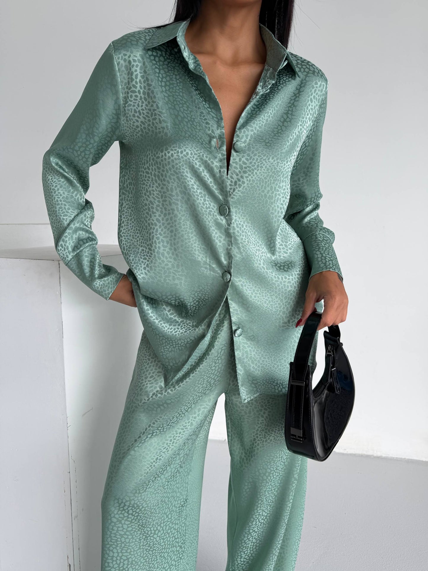 Mint Jacquard Satin Pyjama Set for Women – Textured Luxury Nightwear