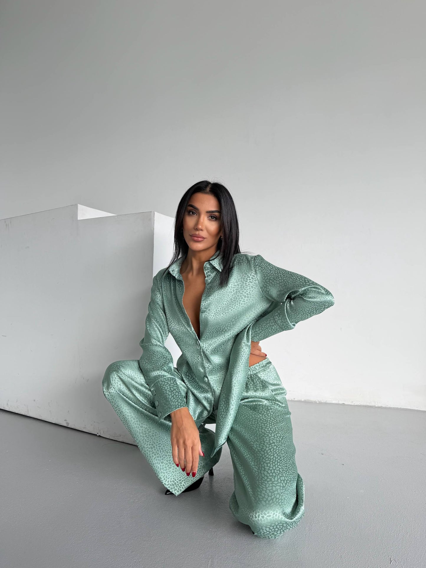 Mint Jacquard Satin Pyjama Set for Women – Textured Luxury Nightwear