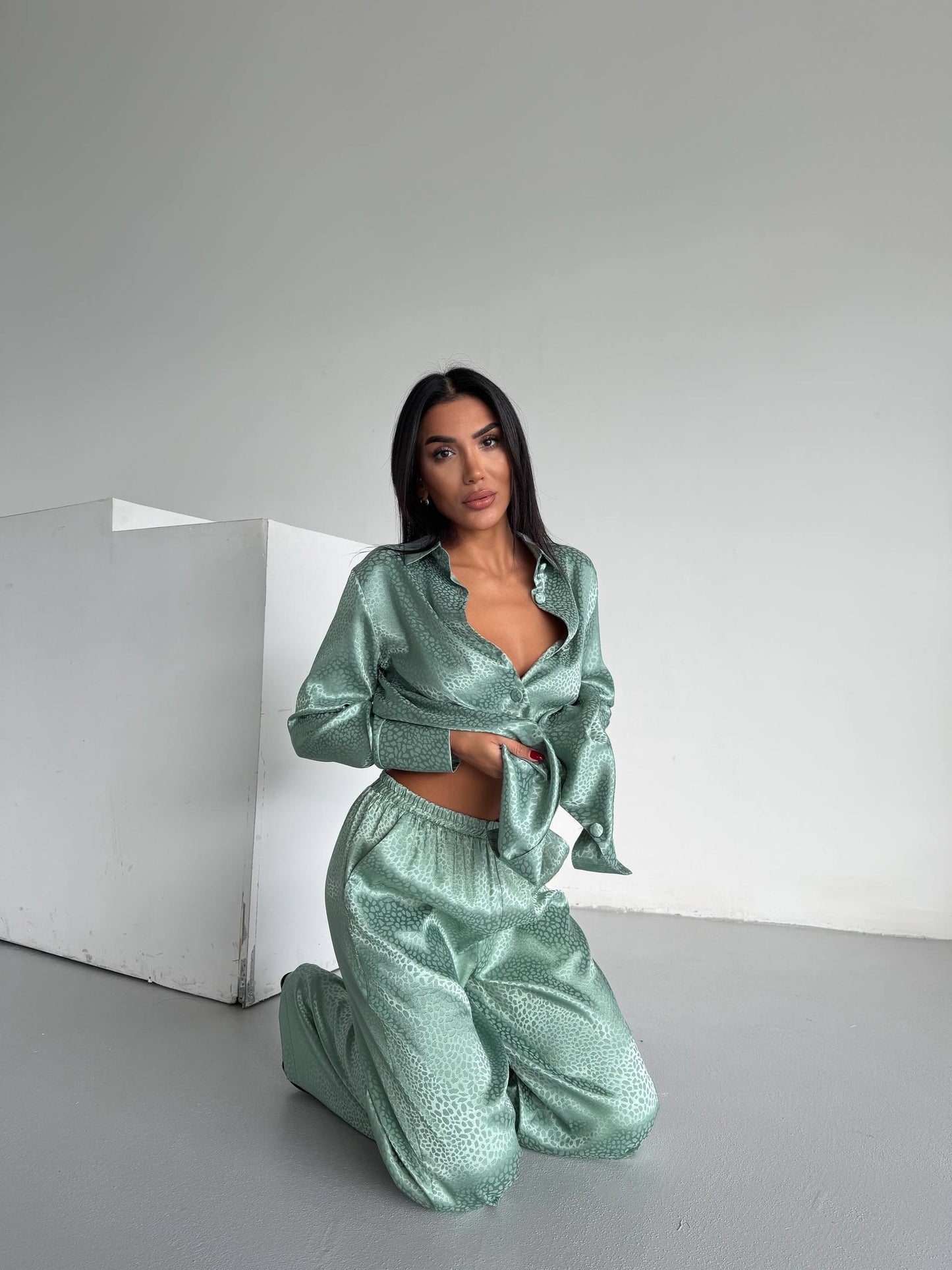 Mint Jacquard Satin Pyjama Set for Women – Textured Luxury Nightwear
