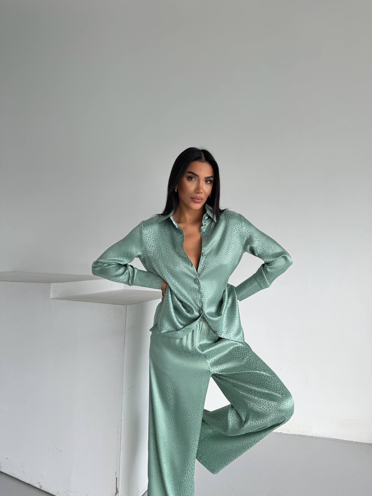 Mint Jacquard Satin Pyjama Set for Women – Textured Luxury Nightwear