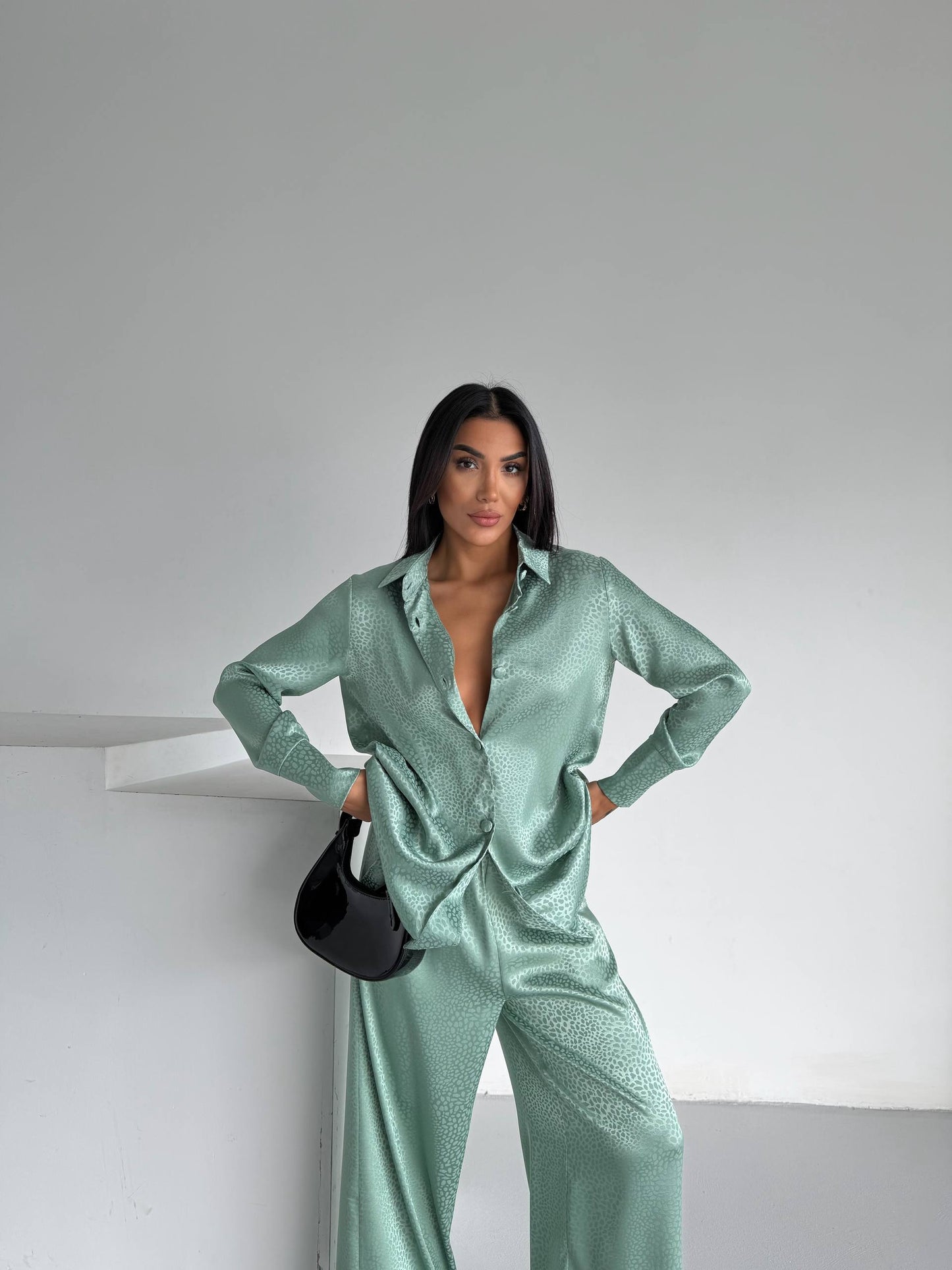 Mint Jacquard Satin Pyjama Set for Women – Textured Luxury Nightwear