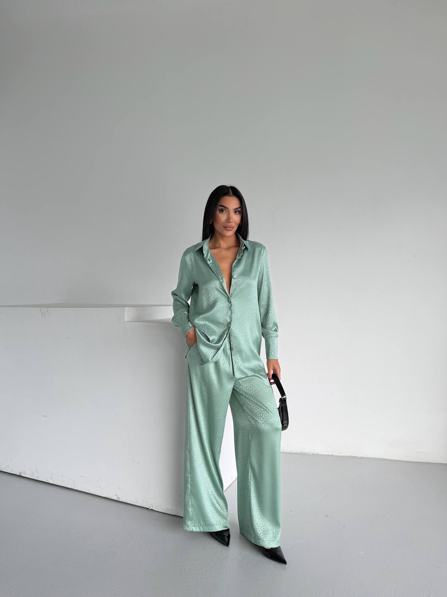 Mint Jacquard Satin Pyjama Set for Women – Textured Luxury Nightwear