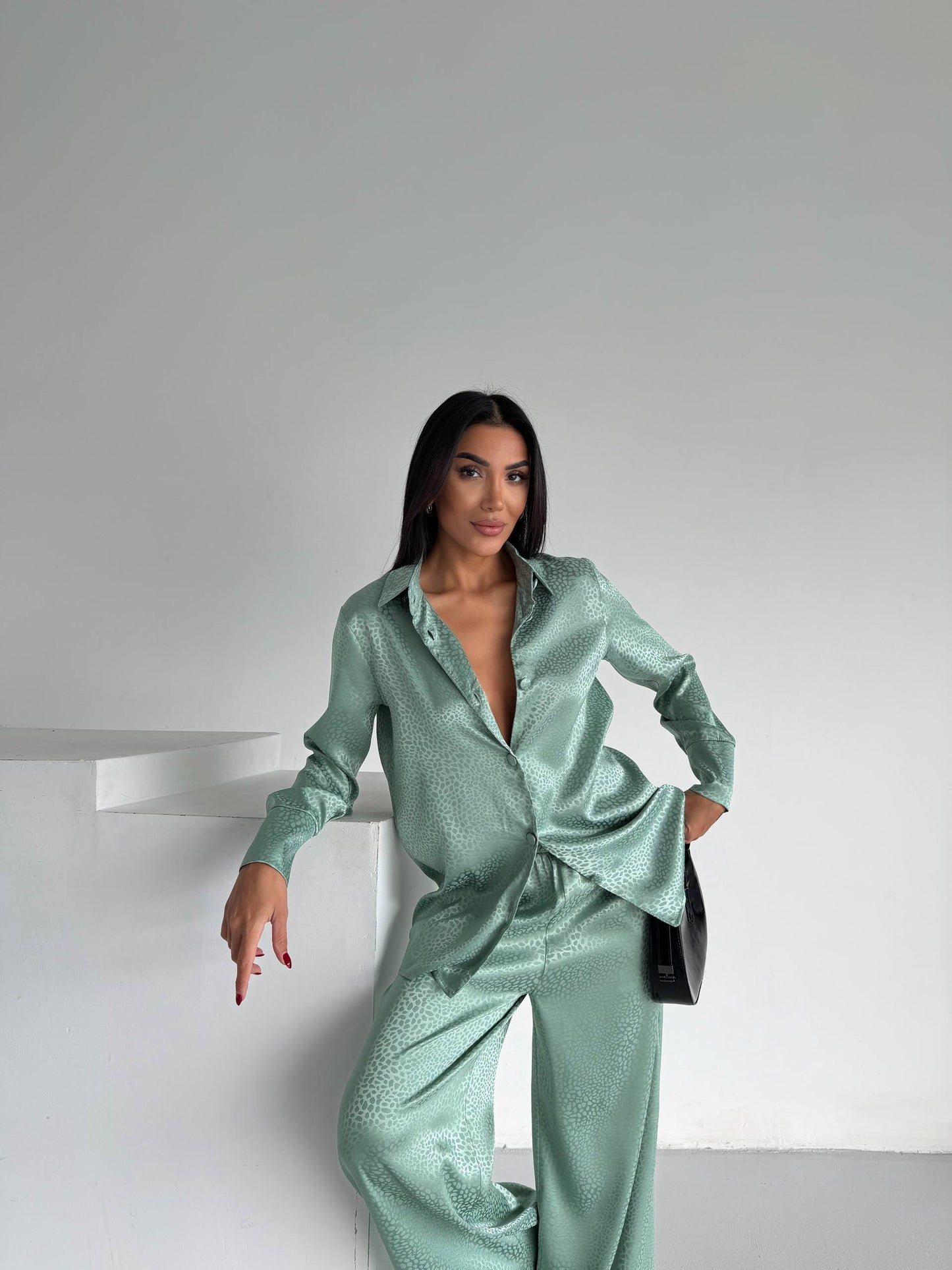 Mint Jacquard Satin Pyjama Set for Women – Textured Luxury Nightwear
