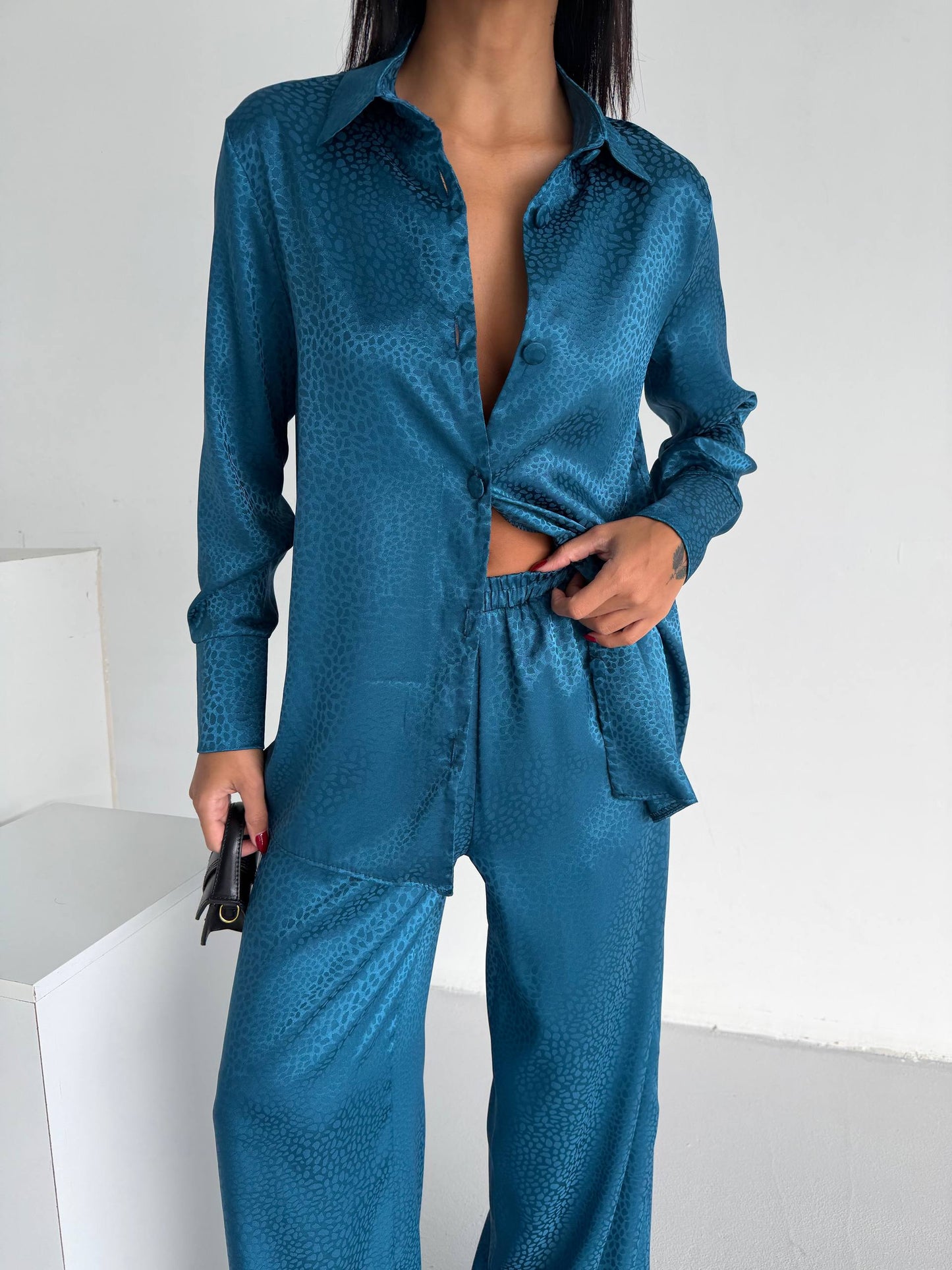 Teal Jacquard Satin Pyjama Set for Women – Textured Luxury Nightwear