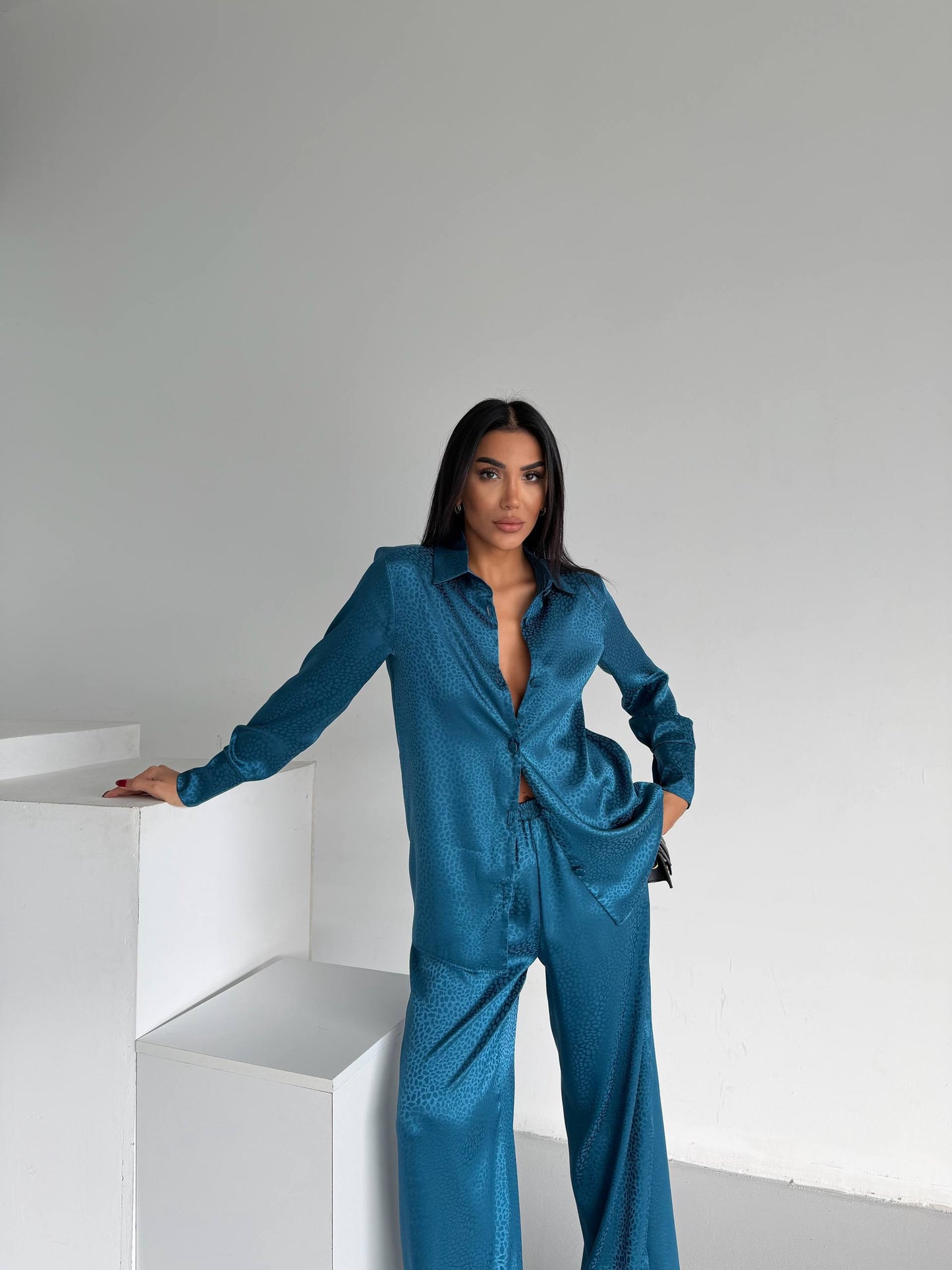 Teal Jacquard Satin Pyjama Set for Women – Textured Luxury Nightwear